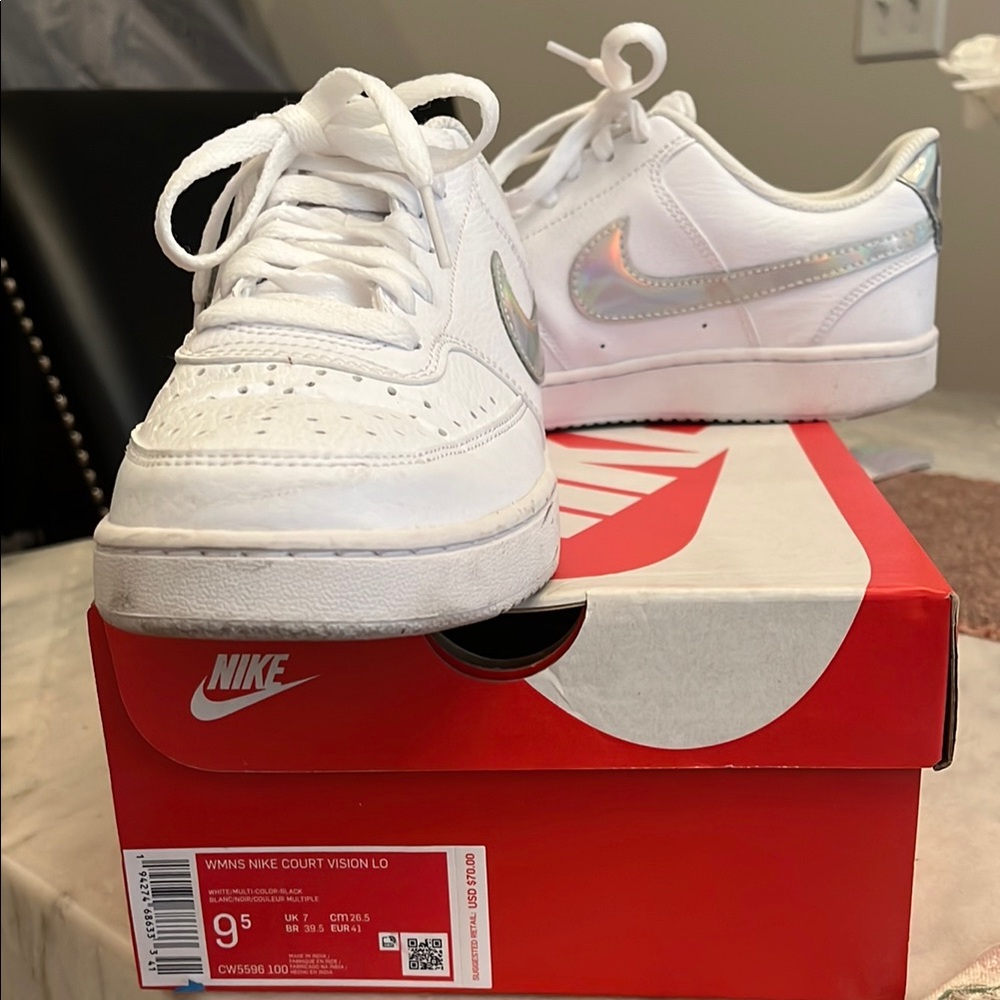 Nike Women’s White/Silver Multi Color Court Vision Shoes.